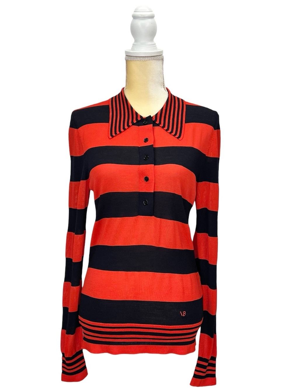 Victoria Beckham Long Sleeve Striped Knit Polo Top Size Small Red Black EUC